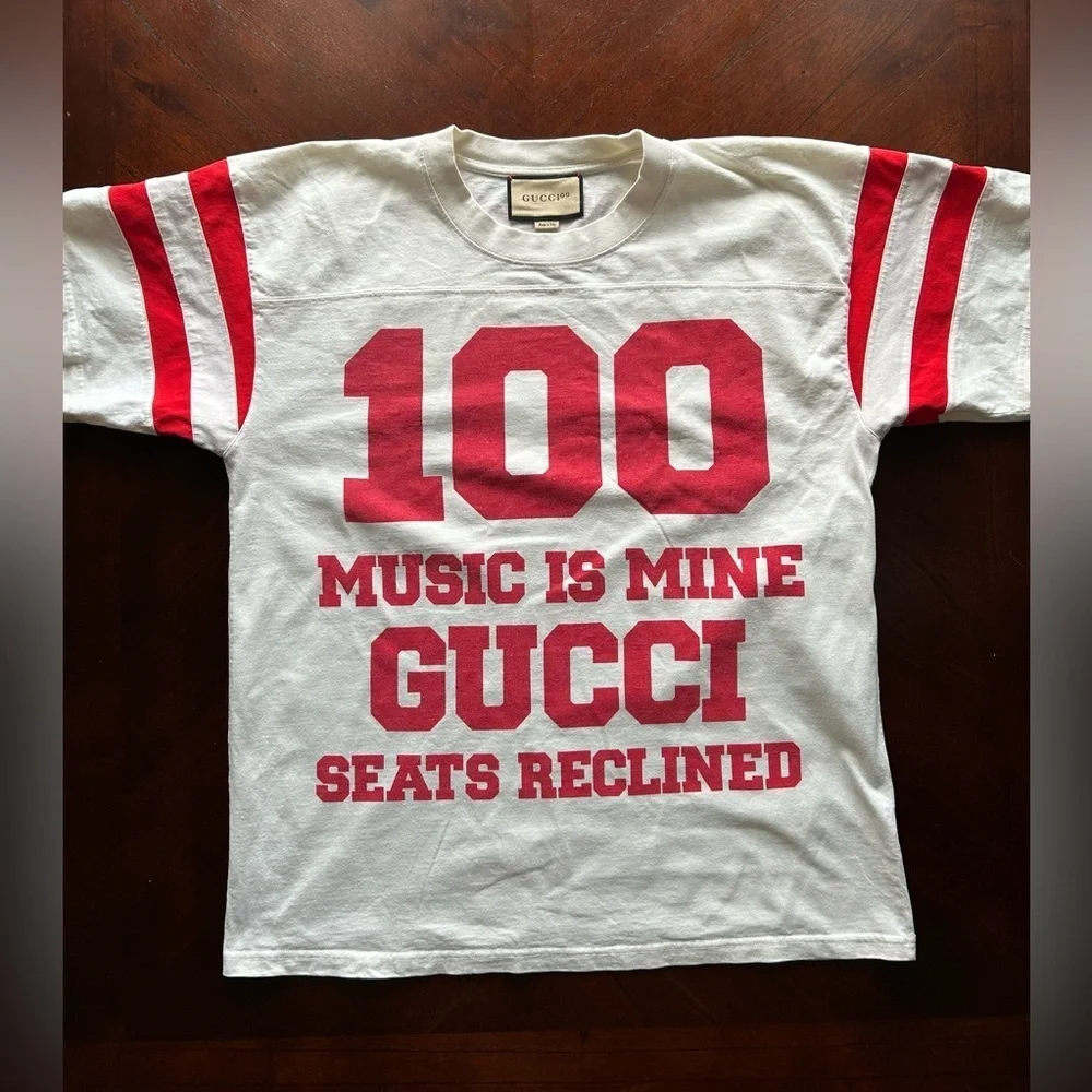 Gucci White Tee with Red Number Design UNISEX 100 music is mine